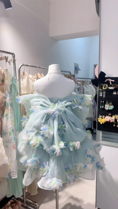 Modest Ball Gown Strapless Light Green Tulle With Flowers Short Mini Senior Inspo 16th Birthday Outfits Homecoming Dresses RB3966
