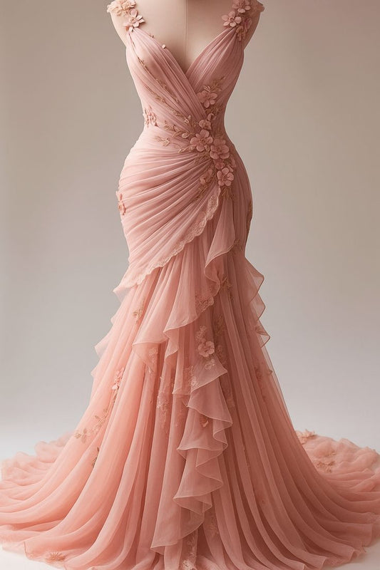 Elegant Mermaid Sweetheart Pink Chiffon Lace Evening Women Party Long Formal Prom Dress 16 Birthday Gown Women Ladies Dresses AB1214