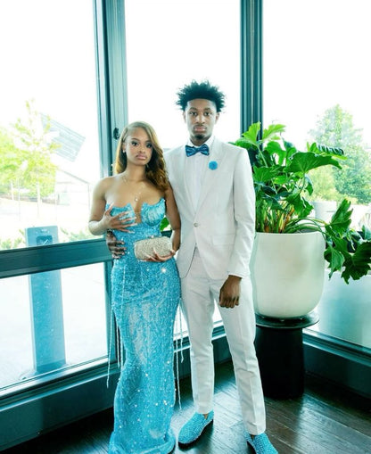 Sparkly Mermaid Sweetheart Blue Sequin With Beads For Black Girls Women Long Formal Prom Evening Dress Dinner Outfits Party Gowns AB2095