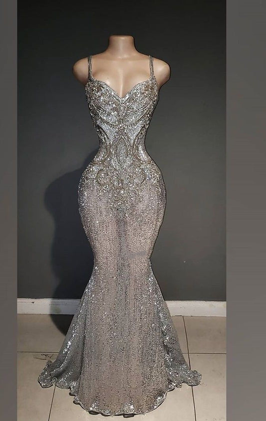 Dreamy Silver Sequin Spaghetti Strap Sleeveless Prom Dresses Mermaid Sheath With Gem Beading For Black Women N4051