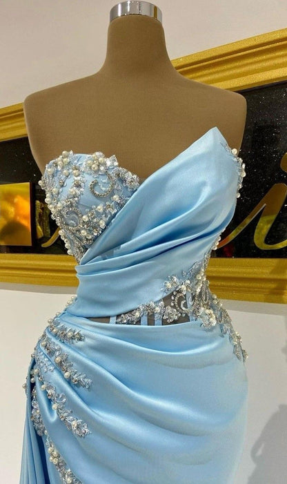 Sexy Shimmer Gown Sweetheart Sleeveless Blue Slit Prom Dresses Mermaid Bodycon For Women N4064