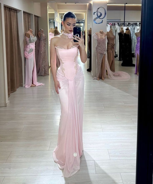 Sexy Shimmer Gown Strapless Sleeveless Pink Prom Dresses Mermaid Bodycon For Women N4063