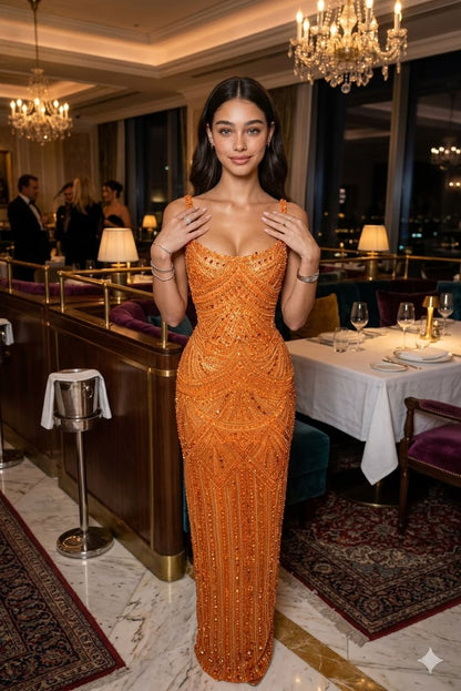 Dreamy Orange Sequin Spaghetti Strap Sleeveless Prom Dresses Mermaid Sheath With Gem Beading For Women N4052
