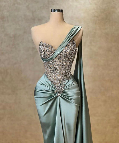 Sexy Shimmer Gown One Shoulder Sleeveless Blue Prom Dresses Mermaid Bodycon For Women N4065