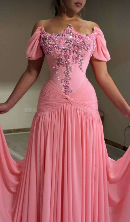 Sparkly Mermaid Strapless Pink Chiffon With Ruffled Evening Dresses Night Date Prom Dress Party Outfits AB2538