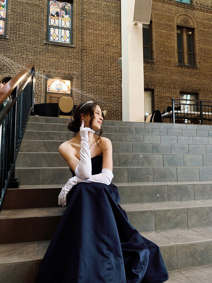 Sexy A Line Strapless Navy Blue Satin Prom Dresses With Gloves Party Dress Evening Dresses AB1075