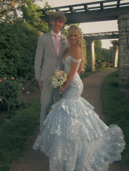 Charming Off The Shoulder Blue Tulle Lace Appliques Layered Mermaid Party Dress Long Evening Gown N600