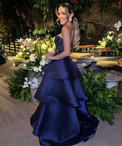 Modest Ball Gown Strapless Navy Blue Satin Beaded Long Prom Dresses Inspiration Evening Gowns For Women Formal Party Dress AB1215