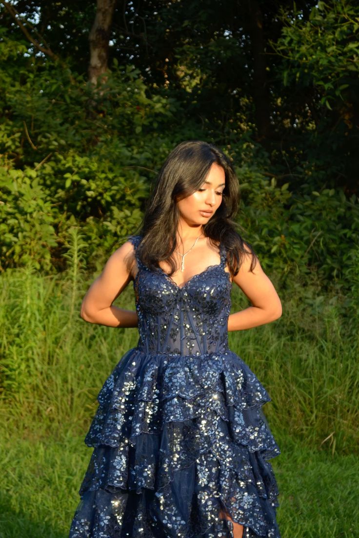 Elegant Ball Gown Sweetheart With Lace Strap Navy Blue Long Pleated Ruffles Slit Prom Dresses Vestidos De Dia AB556