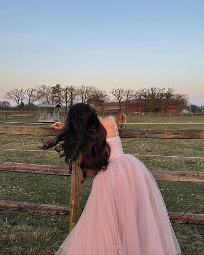 Simple A line Spaghetti Strap Pink Tulle Prom Dresses For Teens Formal Dress Party Outfits Prom Gowns AB1048