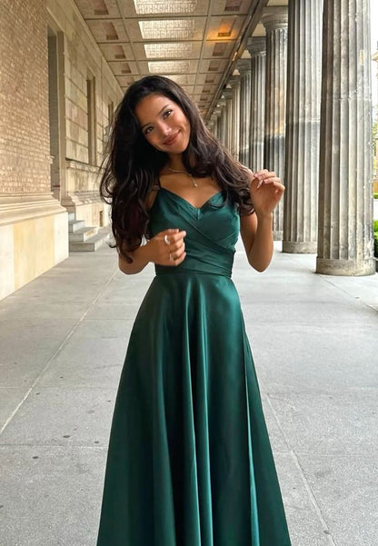 Vintage A Line Spaghetti Strap Dark Green Satin Slit Prom Dresses For Teens Formal Dress Party Outfits Prom Gowns AB1034