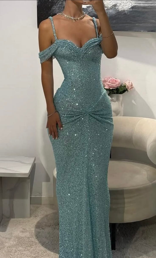 Glitter Bodycon Blue Straps With Sequined Long Prom Dresses Mermaid Bodycon For Women N4114