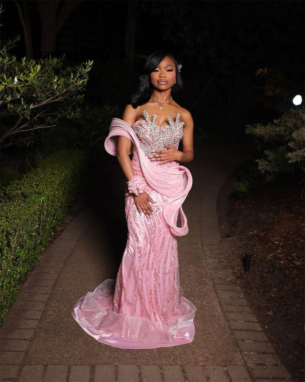 Modest Mermaid Strapless With Beads Pink Long Summer Beach For High Schools Black Girls Prom Dresses Spring Formal Dress N1414