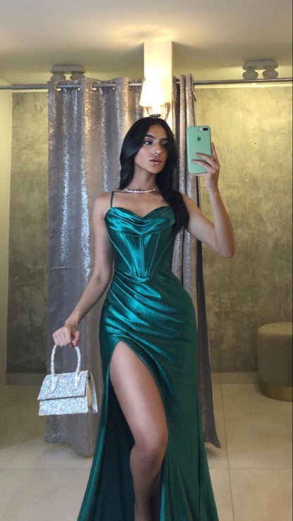 Simple Spaghetti Straps Slit Mermaid Satin Long Prom Dress With Side Slit N1862