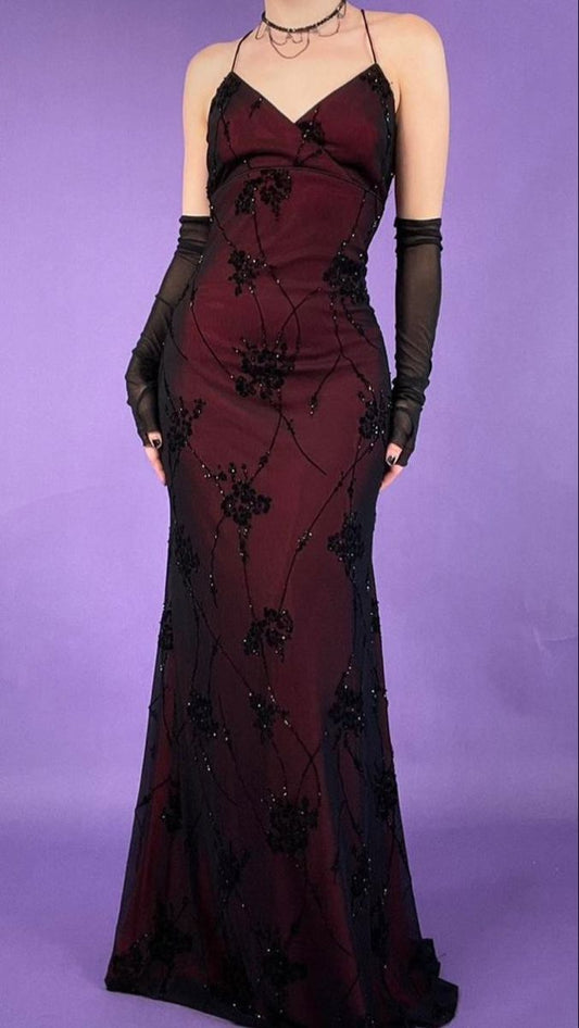 Vintage Prom Dresses Mermaid Halter 1990s Sleeveless Burgundy Black Evening Formal Dress RB3023