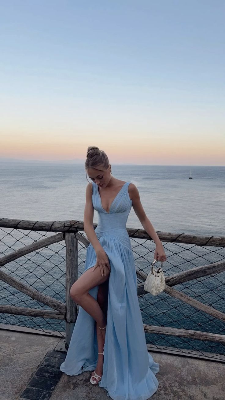 Modest A line V Neck With Slit Light Sky Blue Long Summer Beach Black Tie Prom Dresses Spring Wedding Guest Dress N1410