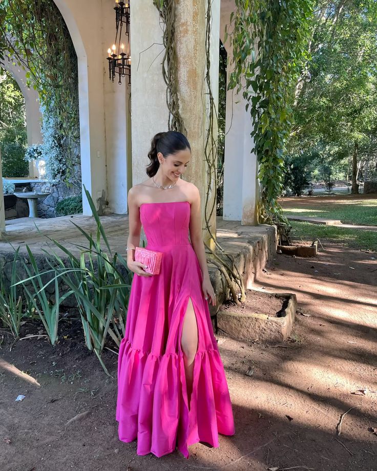 Simple A Line Strapless Hot Pink Sleeveless Long Prom Dresses With Split Classy Prom Gowns AB229