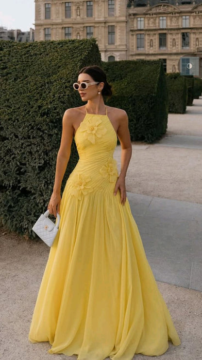 Modest A line Butter yellow floral prom dress sleeveless chiffon prom gowns AB196