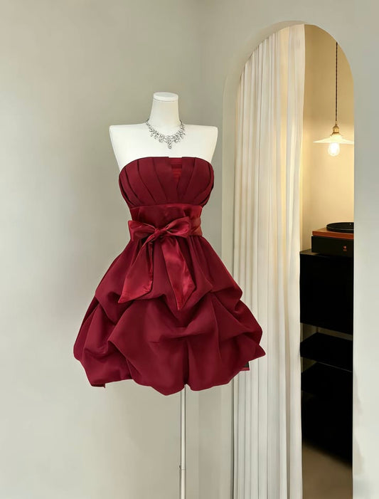 Short Prom Birthday Dress Ball Gown Strapless Burgundy Organza Homecoming Dress Short Party Dress RB8161