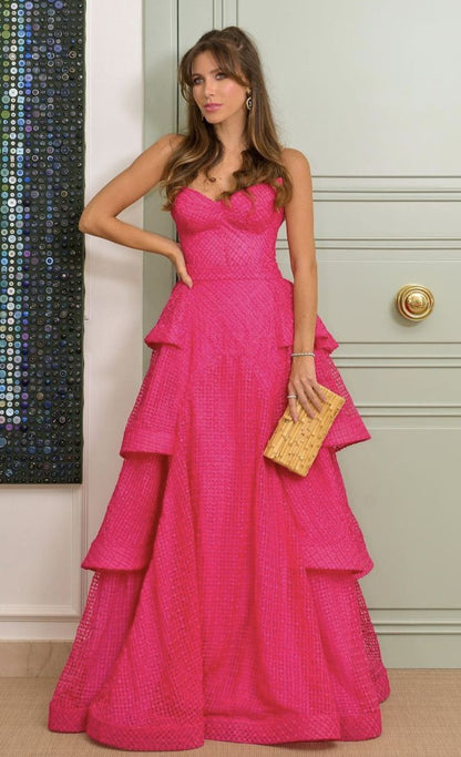 Attractive Ball Gown Sweetheart Basque Waist Corset Ruffle Hot Pink Long Formal Party Prom Dresses AB378