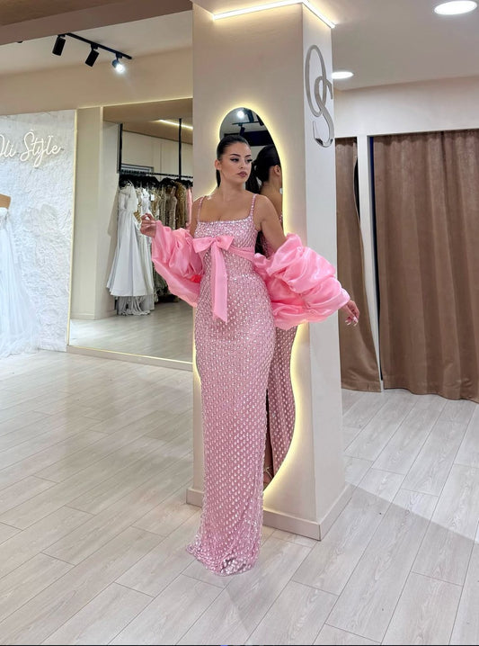 Modest Mermaid Spaghetti Strap Pink Sequin With Bow Evening Dresses Night Date Prom Dress Party Outfits AB2536