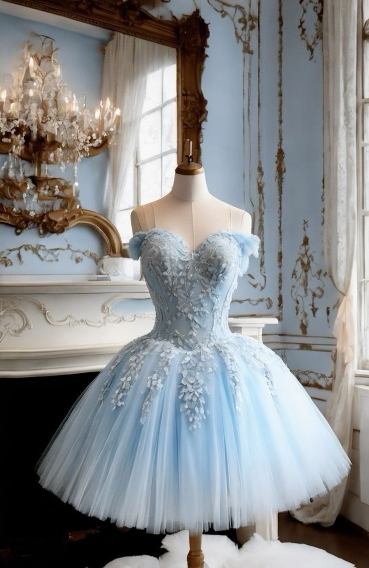 Elegant Ball Gown Sweetheart Light Sky Blue Tulle Short Hoco Dress Ideas Lace Homecoming Dresses RB4079
