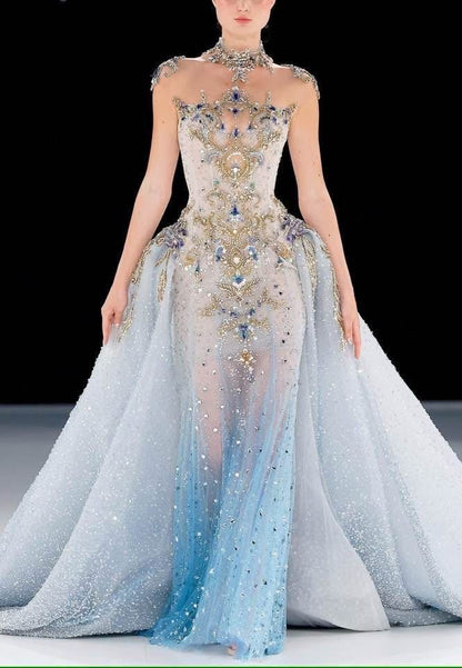 Modest Mermaid High Neck Blue Tulle Gold Beaded Long Prom Dresses Inspiration Evening Gowns For Women Formal Party Dress AB1218
