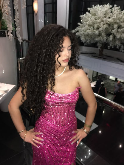 Prom Dresses Sparkly Mermaid Strapless Sequin Pink With Slit Formal Evening Gown for Graduation Party RB9451