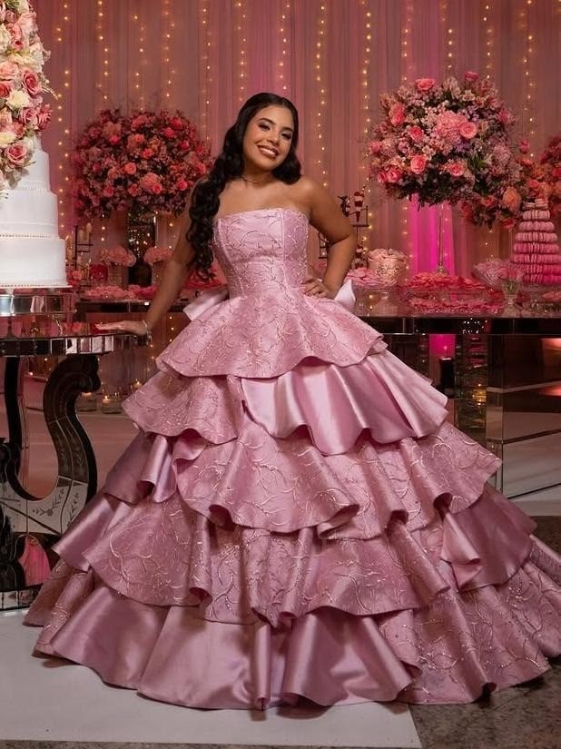Sweet 16 Dress Ballgown Strapless Pink Satin With Tiered Sweet Sixteen Dress RB9453