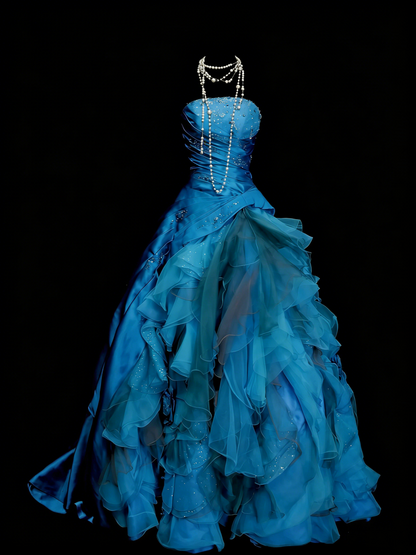 Vintage Night Aesthetic Ball Gown Strapless Blue Tulle 90s 80s College Formal Sweet 16 Outfit Long Prom Dresses For Teens N1160