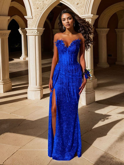 Red Strapless Beaded Fringe Waist Sequin Prom Dress with High Slit For Women AB1546