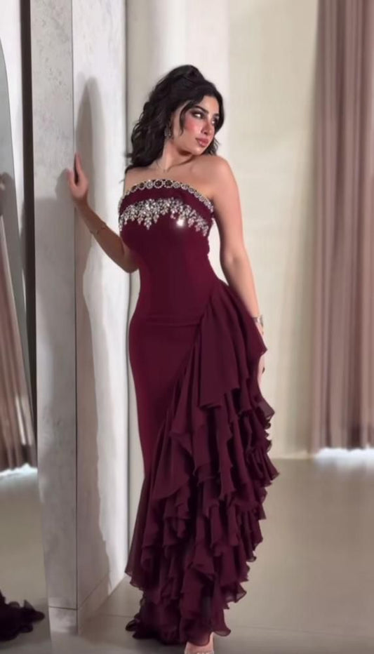 Prom Dresses ideas Unique Mermaid Strapless Burgundy Chiffon Floor Length Formal Party Gown 8th Grade Dress RC0872