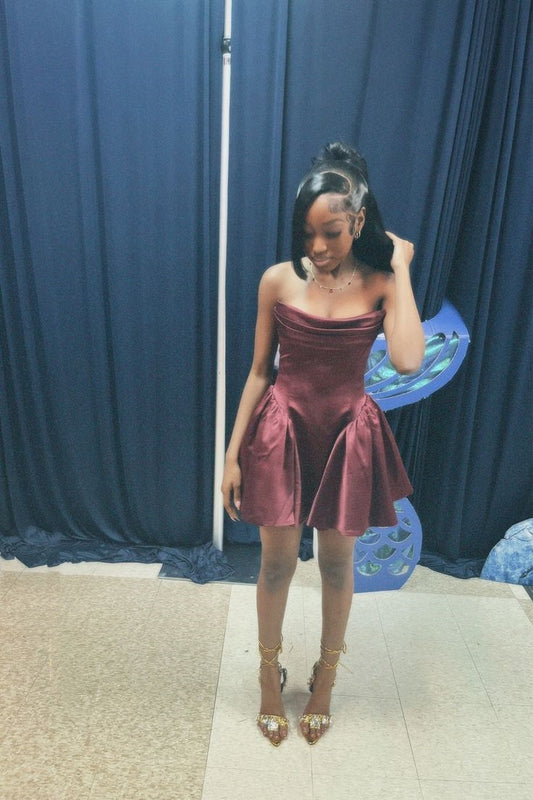 Romantic Ball Gown Strapless Satin For Black Girls Short Mini Fall Cocktail Dress Homecoming Dresses RB4434