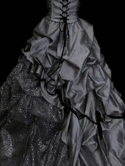 Sweet Ball Gown Strapless Gray Satin With Tiered Layers Ruffles Long Party Gowns Prom Dresses N2235
