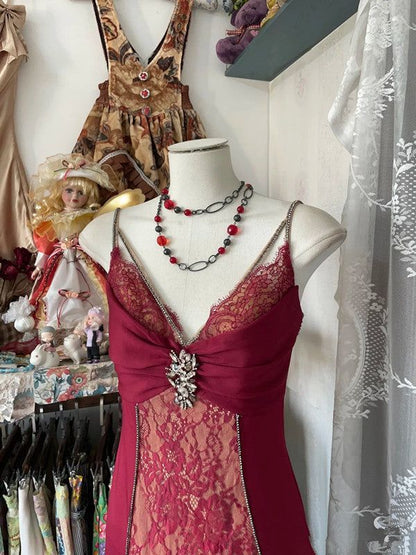 Vintage V Neck Lace Burgundy Long Prom Dress Mermaid Evening Party Gown Dance Outfits N535