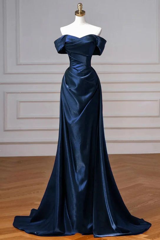 Navy Prom Dress Blue Off The Shoulder Formal Dress with Detachable Train N1853