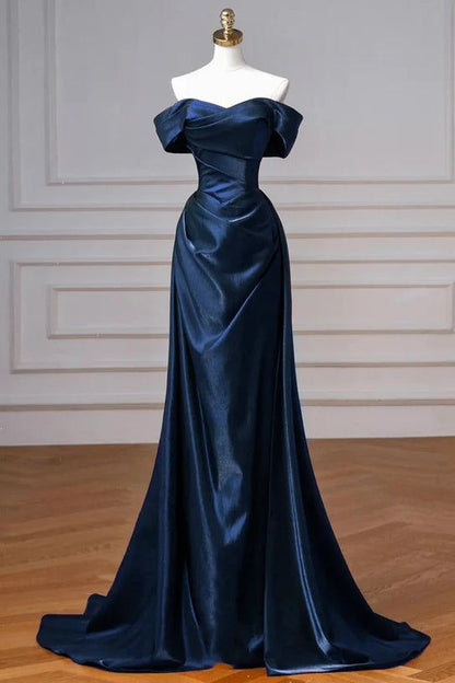Navy Prom Dress Blue Off The Shoulder Formal Dress with Detachable Train N1853