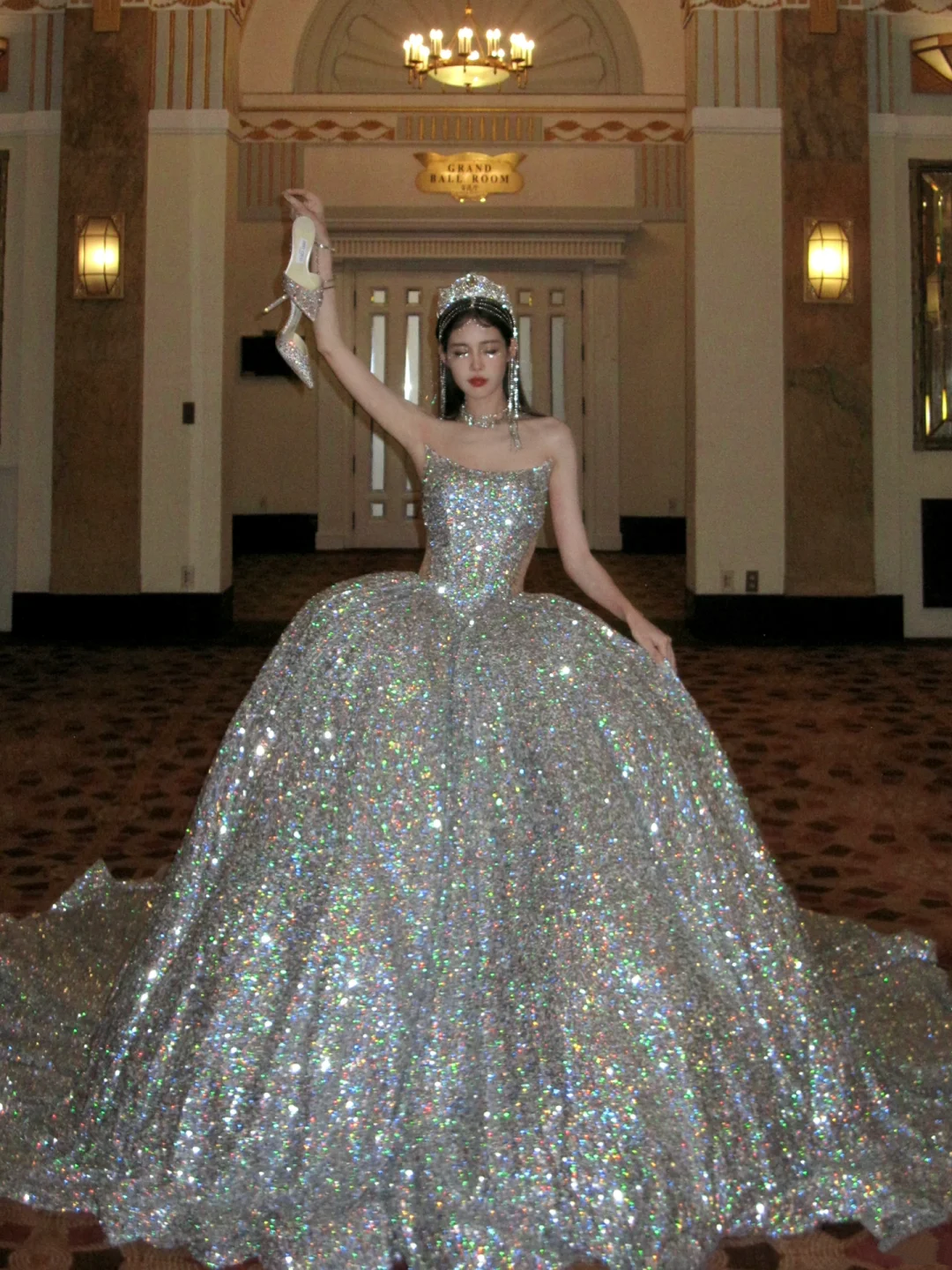 Timeless Ball Gown Strapless Silver Sequin Long Prom Dresses Inspiration Party Dress Prom Gowns RB1956