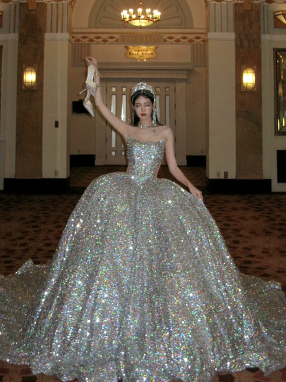 Timeless Ball Gown Strapless Silver Sequin Long Prom Dresses Inspiration Party Dress Prom Gowns RB1956
