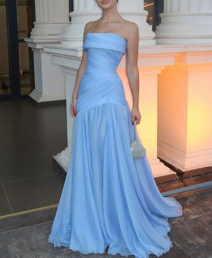Gorgeous Chic Blue Strapless Sleeveless A Line Long Prom Dresses With Pleated Formal Gowns AB393