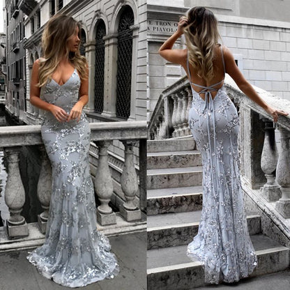 Elegant Mermaid Halter Sleeveless Navy Blue With Lace Long Sequins Backless Prom Dresses Vestidos De Dia AB559