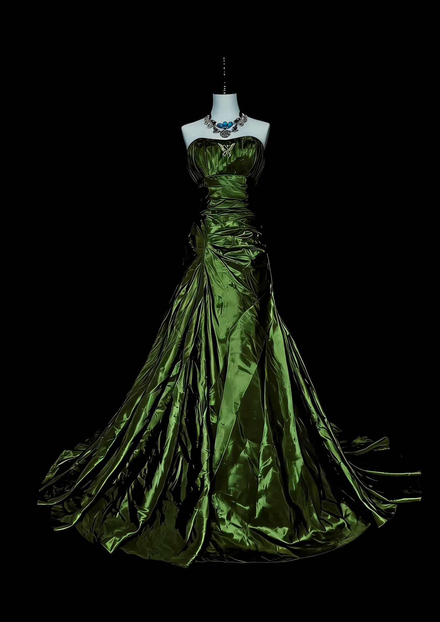 Vintage Mermaid Strapless Olive Green Satin Sleeveless 80s Prom Dresses Long Formal Party Gown N1497