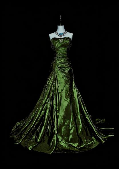 Vintage Mermaid Strapless Olive Green Satin Sleeveless 80s Prom Dresses Long Formal Party Gown N1497