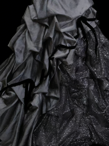 Sweet Ball Gown Strapless Gray Satin With Tiered Layers Ruffles Long Party Gowns Prom Dresses N2235
