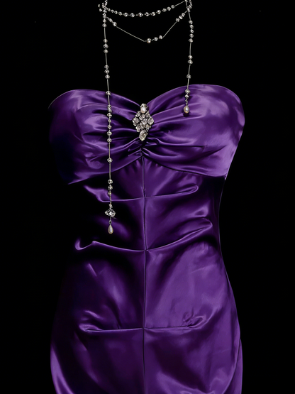Vintage Mermaid Sweetheart Grape Satin Sleeveless 80s Prom Dresses Long Formal Party Gown N1450
