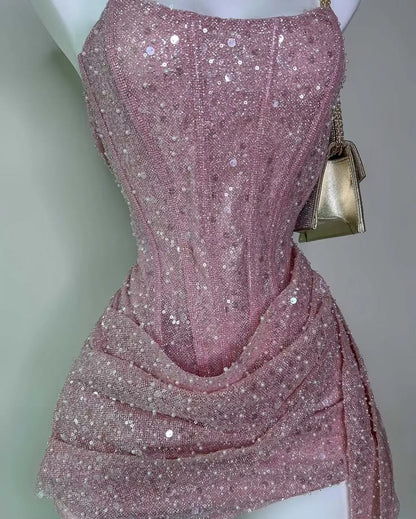 Cute Sheath Strapless Pink Sequin Mini Short Formal 8th Grade Homecoming Dresses Summer Middle School Hoco Dress N4736