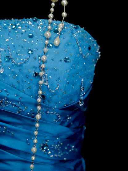 Vintage Night Aesthetic Ball Gown Strapless Blue Tulle 90s 80s College Formal Sweet 16 Outfit Long Prom Dresses For Teens N1160