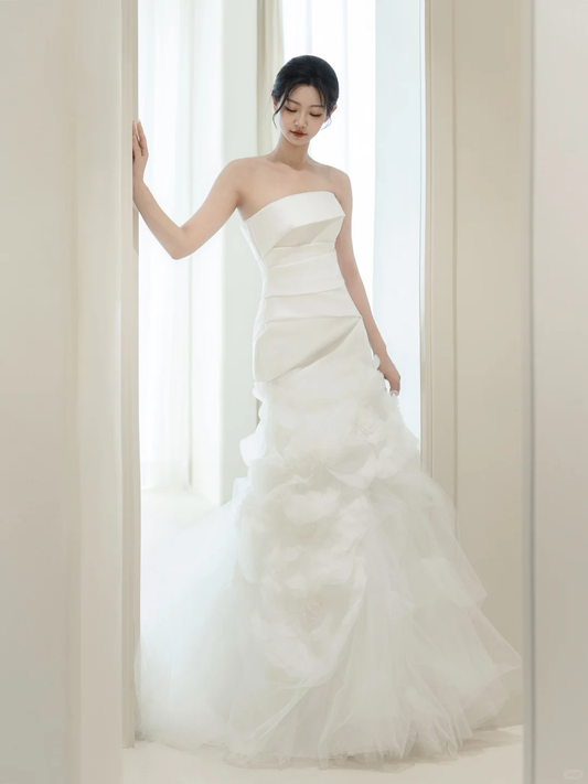 Vintage Mermaid Strapless Sleeveless White Fitted Pleated Long Wedding Dress Bride Gown Wedding Dresses RB1877