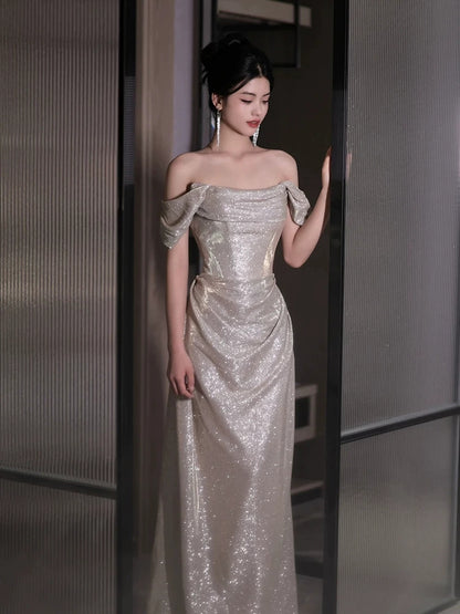 Glittery Sheath Off The Shoulder With Sleeves Sequins Prom Dresses Inspiration Long Night Outfits 18th Birthday Outfits AB2225