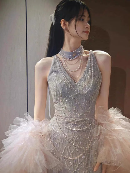 Glittery Sheath V Neck Sleeveless With Cape Tulle Slit Prom Dresses Inspiration Long Night Outfits 18th Birthday Outfits AB2226